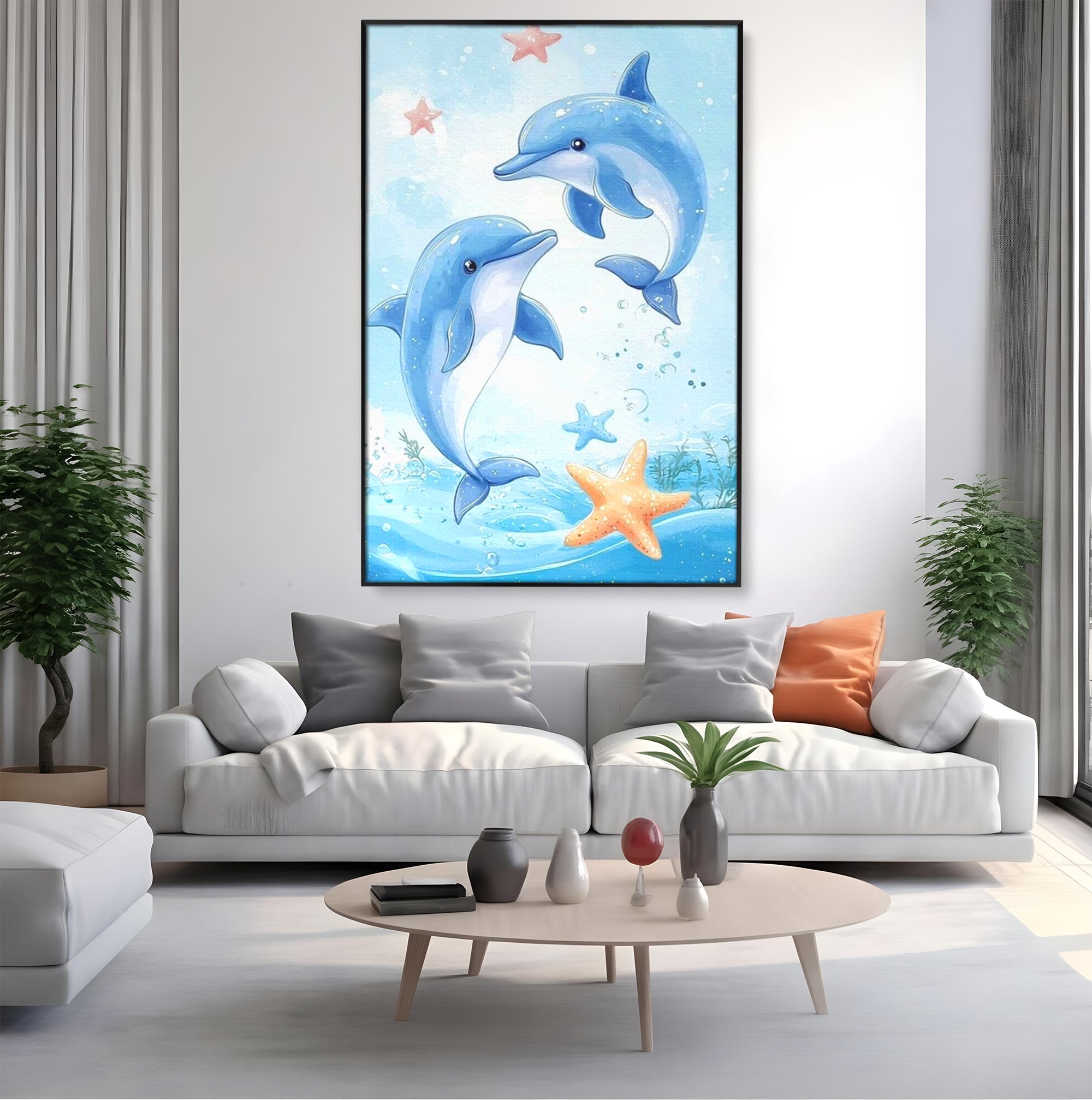 Tablou canvas cu ilustratie cu doi delfini jucausi, in rama de aluminiu negru, pe perete intr-un living